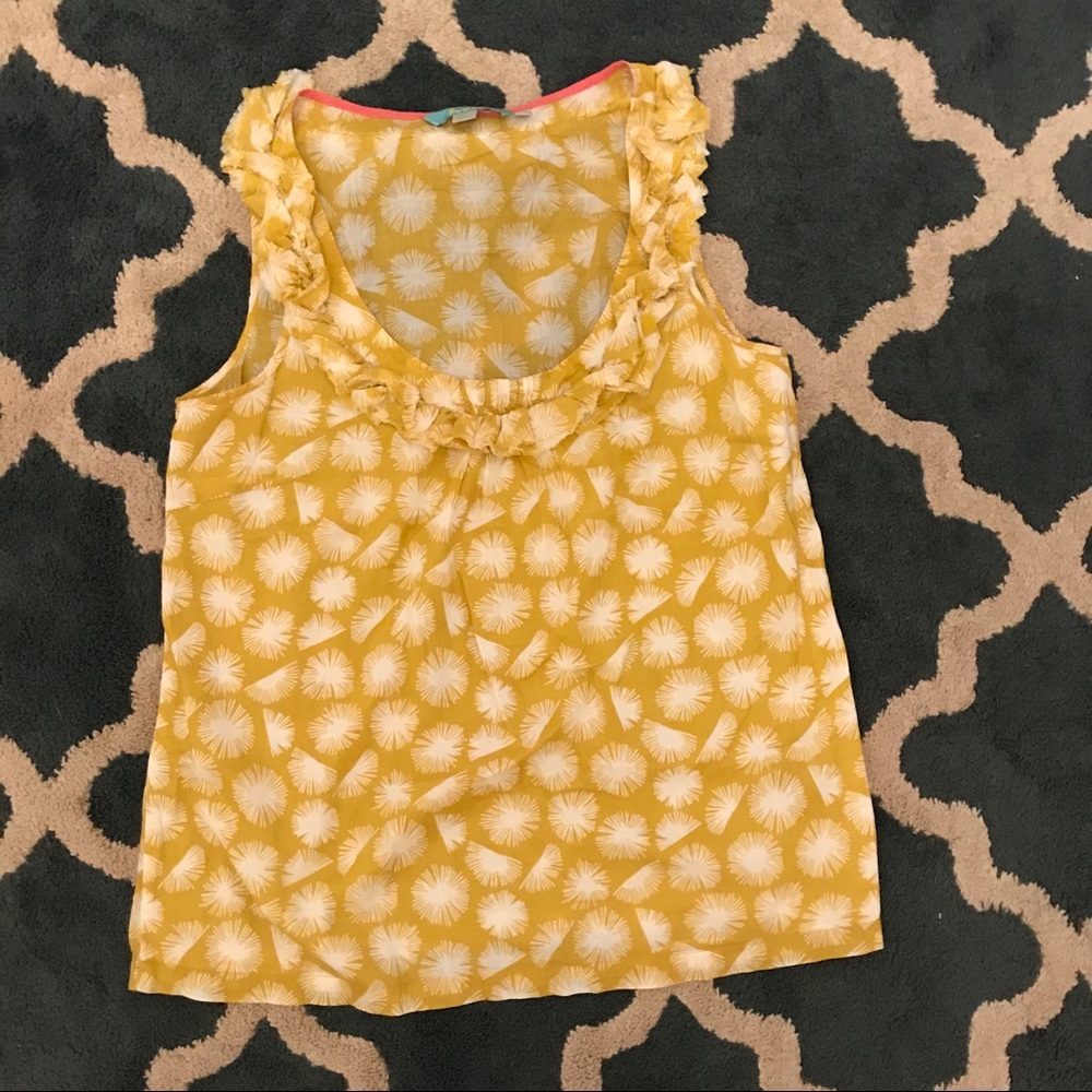 Boden golden yellow print ruffle collar top